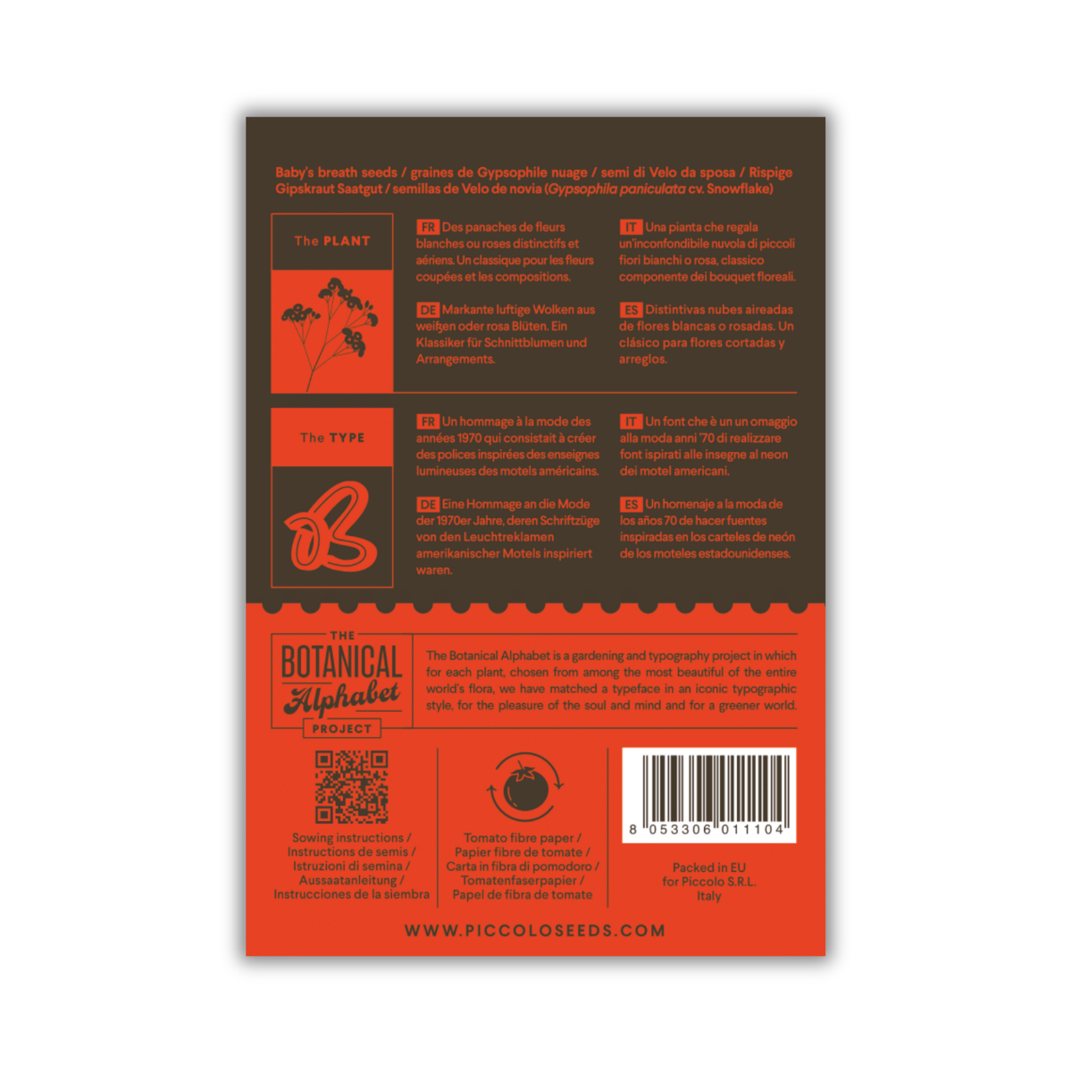 Die Rückseite einer Piccolo Seeds - B | 'Babys Breath' Schleierkraut-Packung von Piccolo Seeds zeigt florale Details in Englisch, Französisch, Deutsch und Italienisch, einen QR-Code und rot-beige-braune Illustrationen. Perfekt für Schnittblumen.