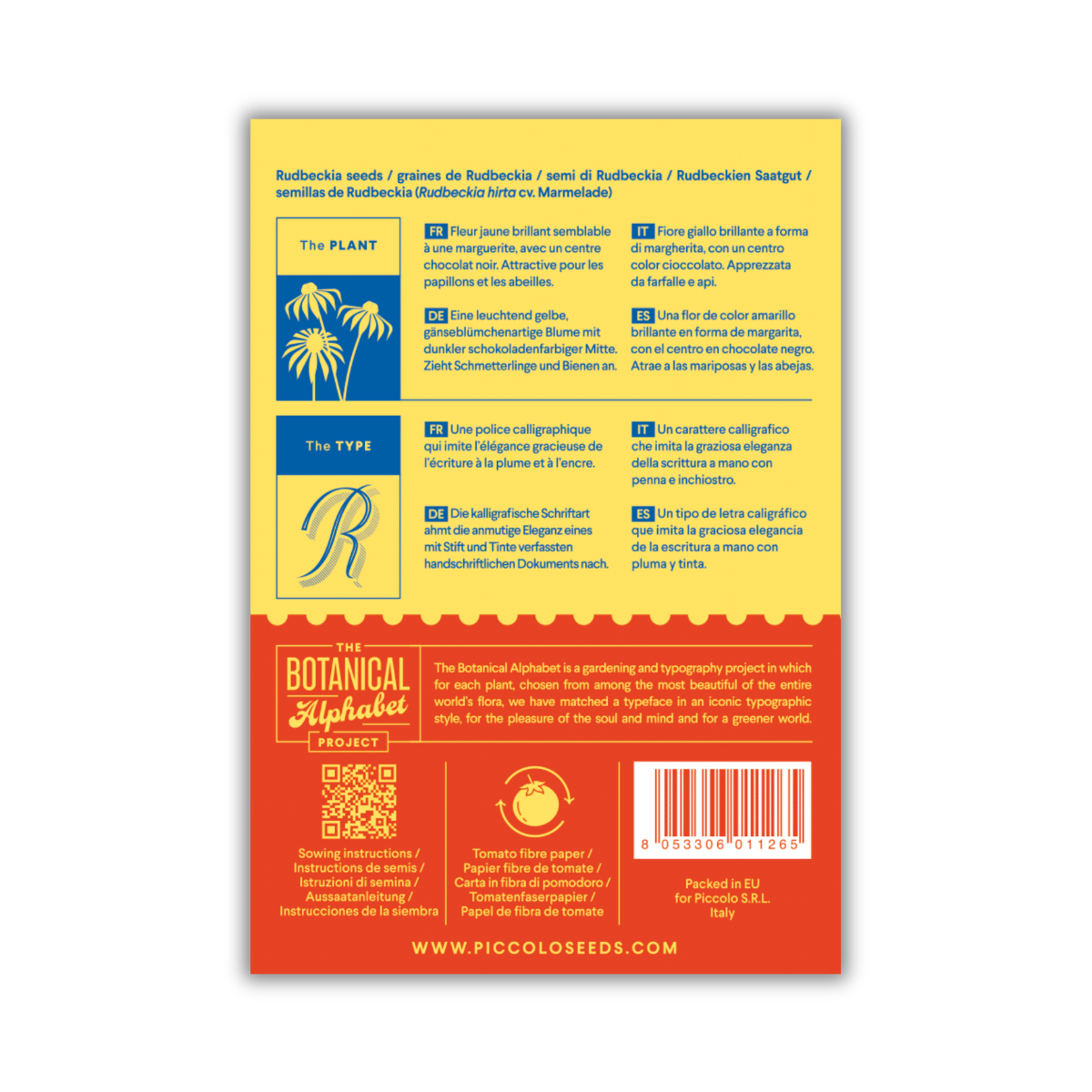 Die Rückseite einer Piccolo Seeds-Packung für Rudbeckia zeigt gelbe, blaue und rote Abschnitte, Pflanzeninfos auf Englisch, Französisch, Spanisch und Deutsch, einen QR-Code, Angaben zum Unternehmen unten und hebt hervor, dass sie Schmetterlinge-freundlich ist! Marke: Piccolo Seeds.