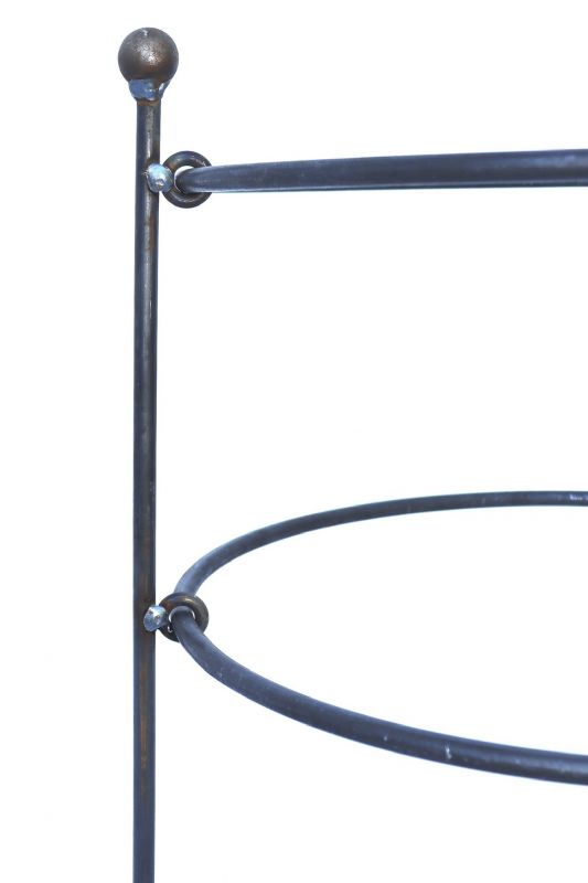 Nahaufnahme des Hirsch Rüben-Staudenhalters (Ø 30 cm, Höhe 50 cm): ein schwarzer Metallrahmen mit vertikalen und horizontalen Stäben, die miteinander verschraubt sind, bildet einen Teil dieses runden Pflanzenhalters vor weißem Hintergrund.