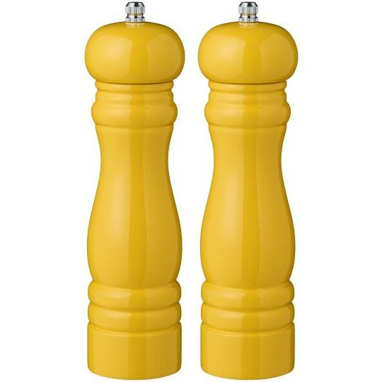 Zwei Ib Laursen Salz & Pfeffermühle 2 Stück Gelb von IB Laursen aus gelb lackiertem Gummibaumholz mit Keramikmahlwerken stehen nebeneinander auf weißem Grund.