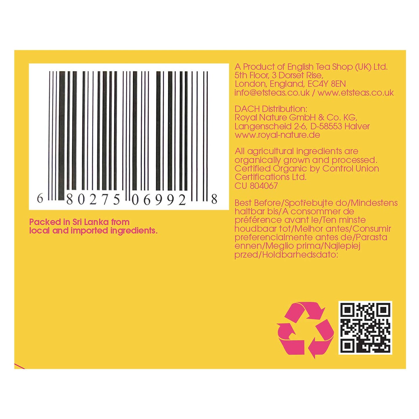 Ein Etikett für English Tea Shop | 'Mango Splash' BIO 20 Teebeutel mit Barcode, Händlerangaben, Zertifizierungslogos und "Verpackt in Sri Lanka aus lokalen und importierten Zutaten" auf gelb-rosa Hintergrund. Rosa Recycling-Symbol unten rechts.