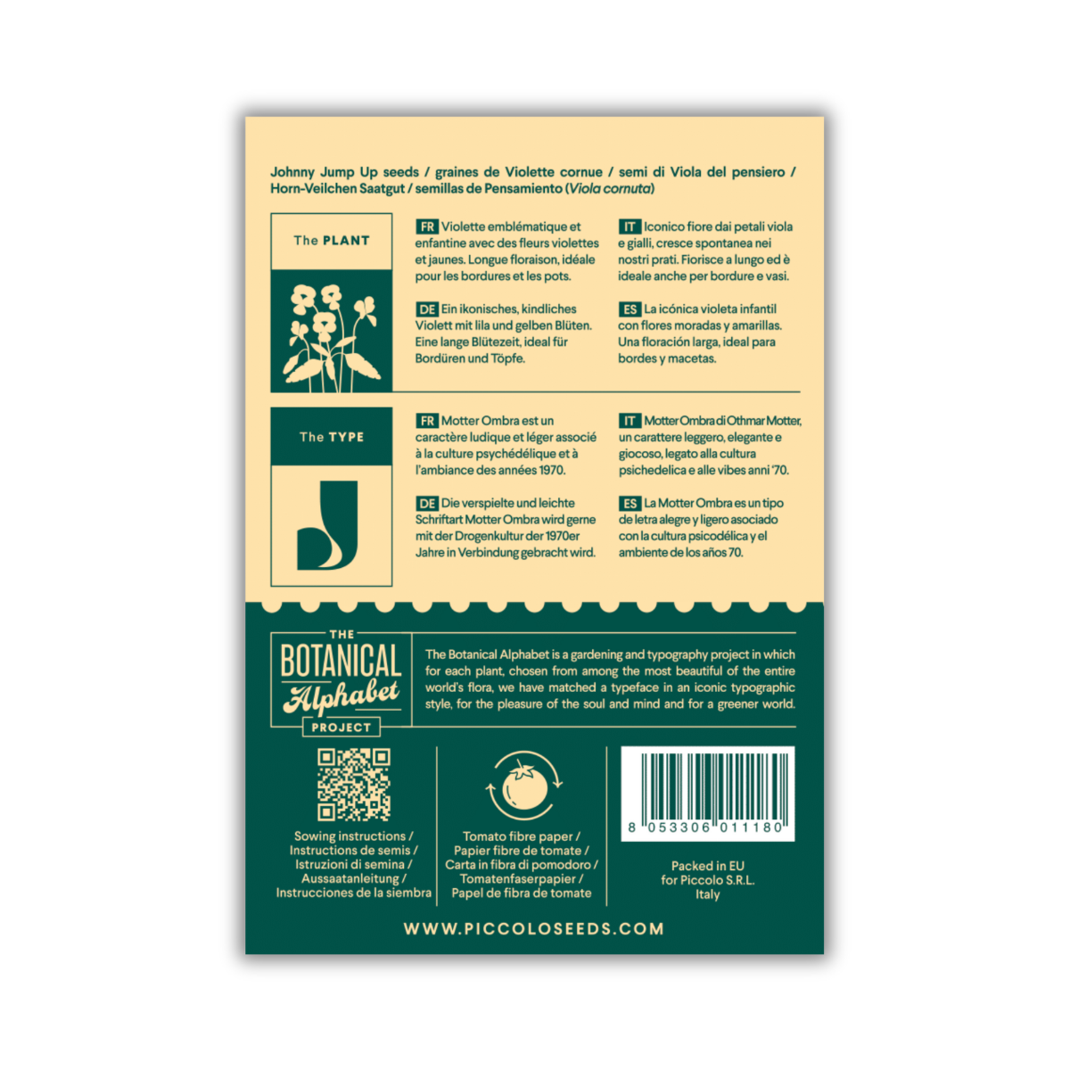 Die Rückseite einer Packung Piccolo Seeds - J - 'Johnny spring hoch' Hornveilchen enthält Abbildungen, Pflanzeninformationen, Verwendungszwecke und Fliederblüten. Der Text erscheint in mehreren Sprachen mit einem Barcode unten rechts. Marke: Piccolo Seeds.