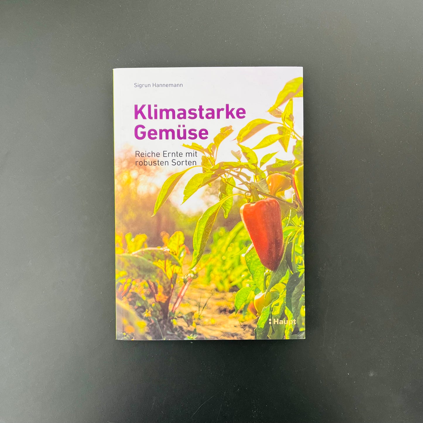 Das Buch - Klimastarke Gemüse aus dem Haupt Verlag ruht auf einer schwarzen Fläche, sein Cover zeigt sonnenbeschienene Gemüsepflanzen mit einer roten Paprika und dem Untertitel: Reiche Ernte mit robusten Sorten-ideal für den Gemüseanbau im Klimawandel.