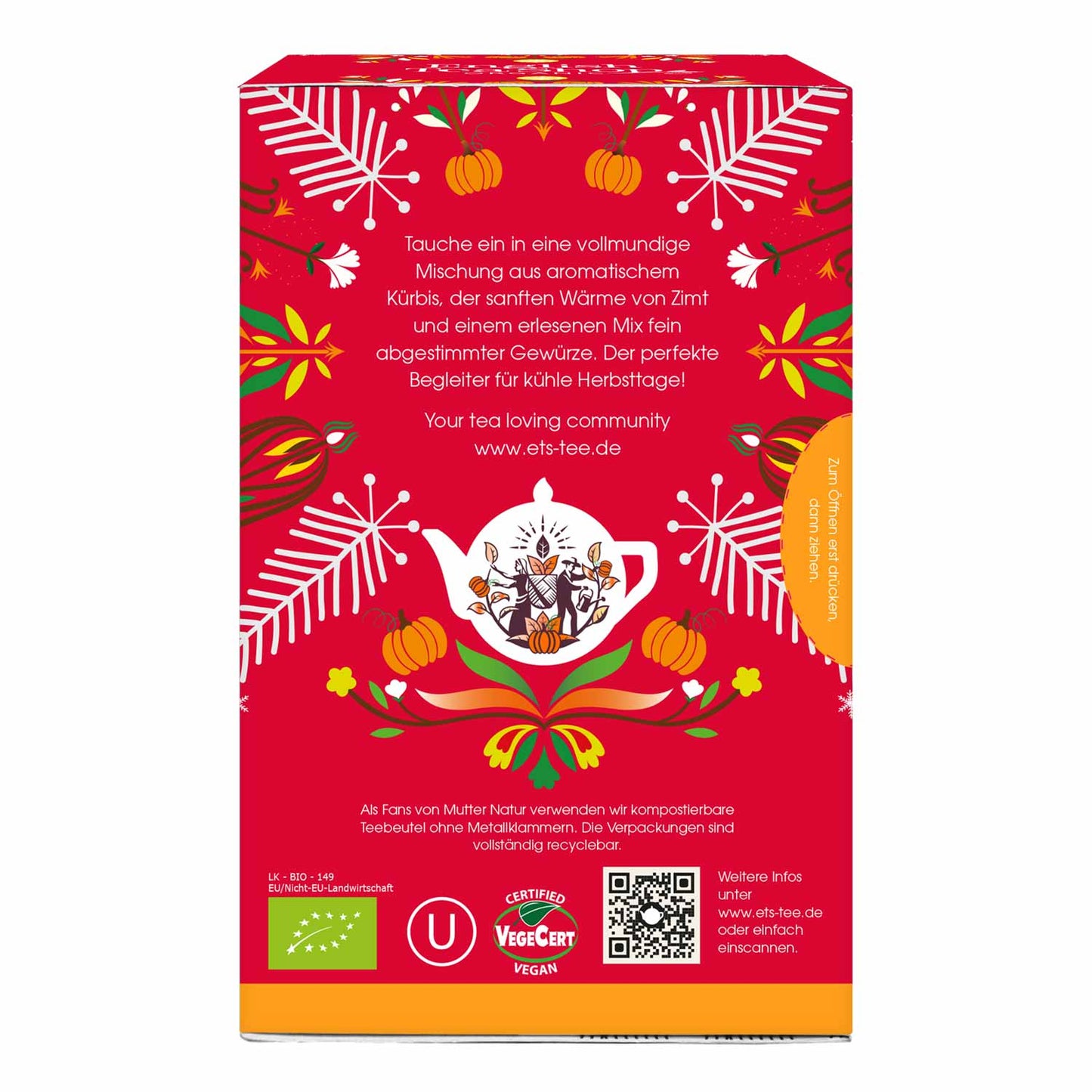 Die English Tea Shop Wintertee 'Spicy Pumpkin' BIO Schachtel hat ein rotes, weißes und oranges Herbstdesign mit Blättern, Kürbissen und einer Teekanne. Der deutsche Text beschreibt die Kräuterteemischung; Zertifizierung und Website sind unten angegeben. 20 Teebeutel enthalten.