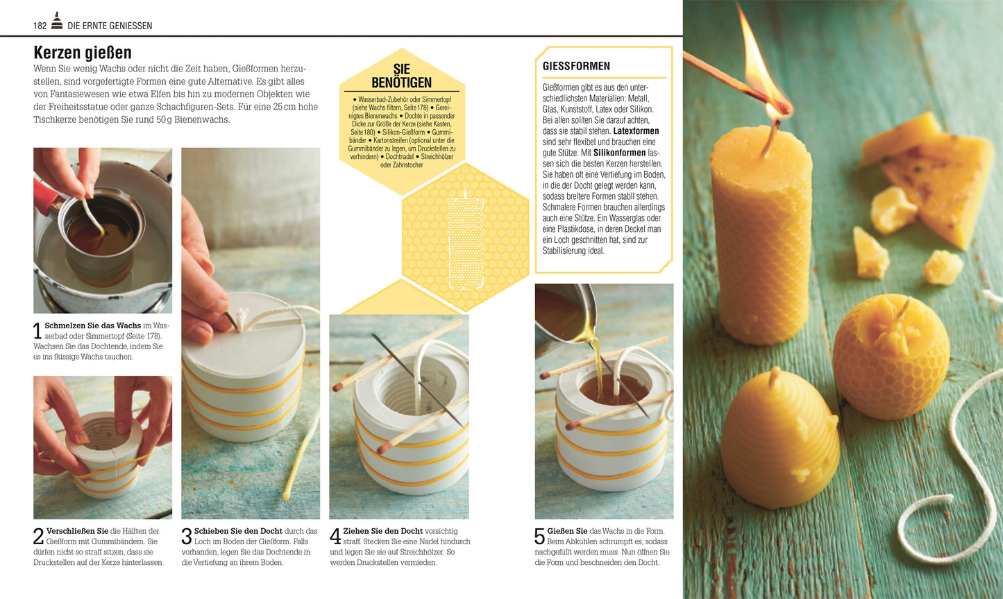 Das Bienen Buch" aus dem DK Verlag bietet Schritt-für-Schritt-Anleitungen mit Fotos und Textanweisungen für die Herstellung von Bienenwachskerzen, einschließlich Waben- und Bienenstockformen, sowie Einblicke in das Verständnis, den Schutz und die Haltung von Bienen.