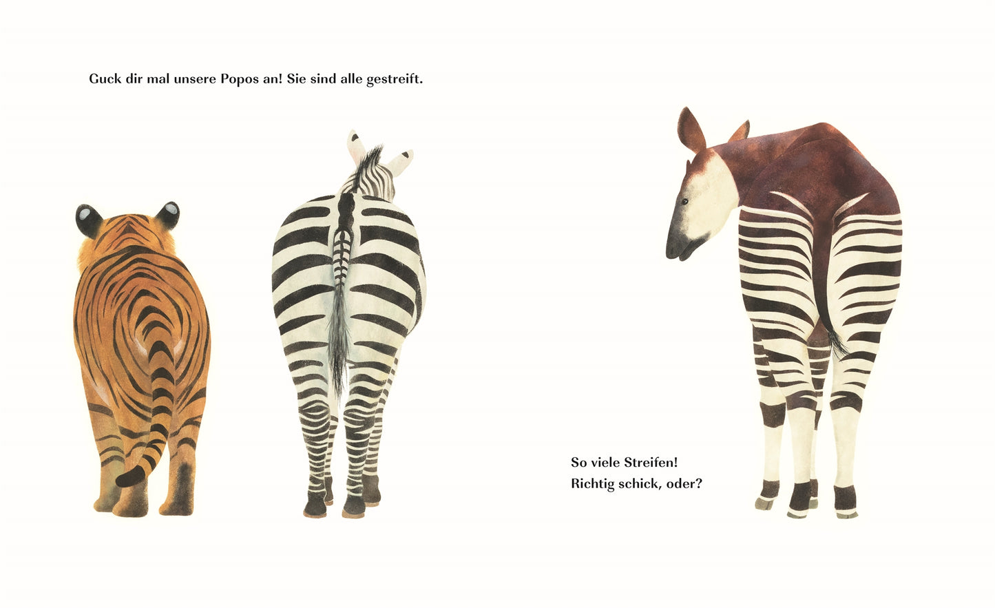 Zwei Tiere von hinten: ein Tiger mit orange-schwarzen Streifen und ein Zebra mit schwarz-weißen Streifen. Rechts steht ein Okapi mit braunem Fell und gestreiften Beinen. "Ich bin so froh über meinen Po!" von DK Verlag, ab 24 Monaten.