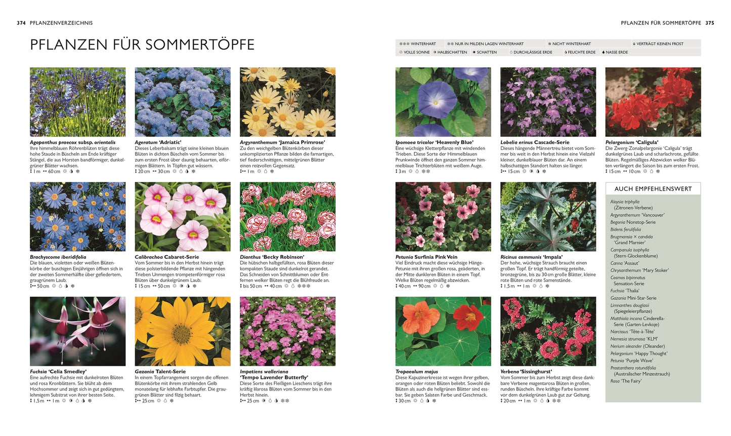 Eine Katalogseite präsentiert "Die neue Gartenschule" des DK Verlags mit Farbfotos, Pflegesymbolen, Blühinfos, Beschreibungen und einer Liste empfohlener Pflanzenarten - die perfekte Inspiration für den Gartentraum eines jeden Hobbygärtners.