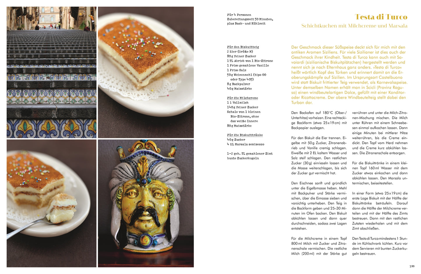 Eine Magazinseite aus "Sizilien in meiner Küche" von DK Verlag zeigt Fotos sizilianischer Desserts, bunte Fliesenstufen und einen Keramikkopf; daneben stehen Titel und Rezept von Cettina Vicenzino mit Zutatenliste auf Deutsch.