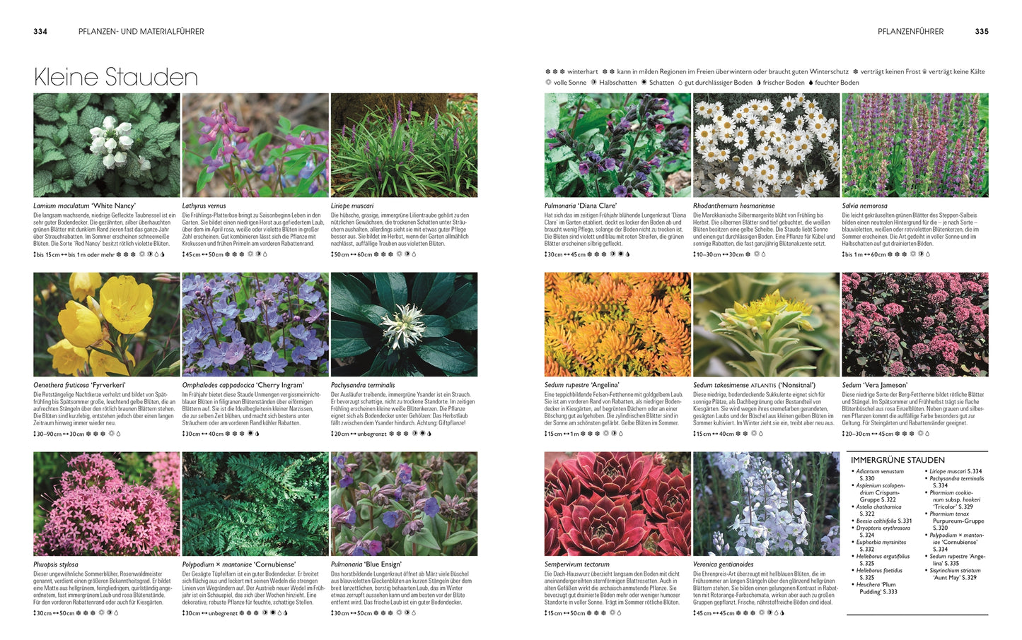 Zwei Seiten aus "Gartendesign | Die große Enzyklopädie" vom DK Verlag zeigen Farbfotos und Infos zu kleinen Stauden, dazu Symbole für Größe, Blütezeit, Pflegetipps und ein Raster, das sich am klassischen Gartenbuchdesign orientiert.