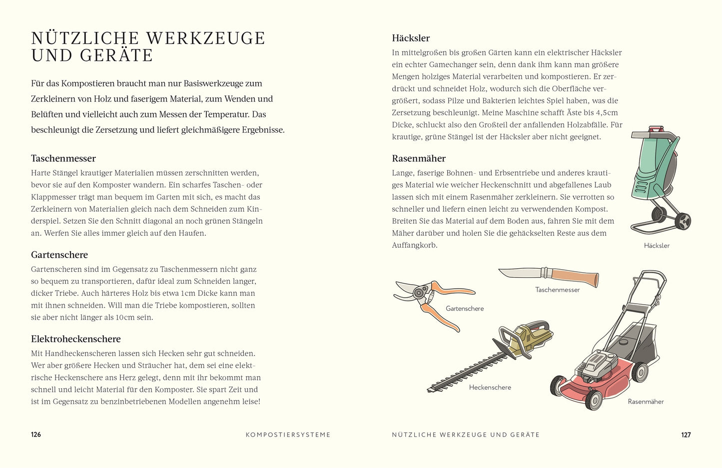 Eine Doppelseite aus dem DK Verlag "Kompost | Alles, was man wissen muss": Auf der linken Seite sind die wichtigsten Kompostiergeräte aufgelistet, auf der rechten Seite werden ein Holzhäcksler, eine Heckenschere und ein Dowding-Rasenmäher ausführlich und bebildert beschrieben.