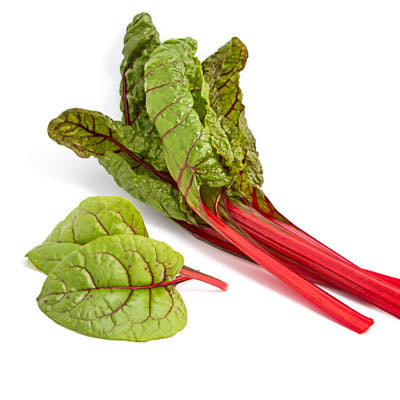 Mehrere leuchtend grüne Blätter des Mangold 'Roter Vulkan' von Arche Noah mit auffallend roten Stängeln sind auf weißem Hintergrund zu sehen, ideal für alle, die frisches Bio-Saatgut von Arche Noah suchen.