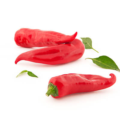 Drei leuchtend rote Arche Noah | Gemüsepaprika 'Ochsenhorn' (Capsicum annuum) von Arche Noah sind auf einer weißen Fläche mit ein paar grünen Blättern daneben angeordnet.