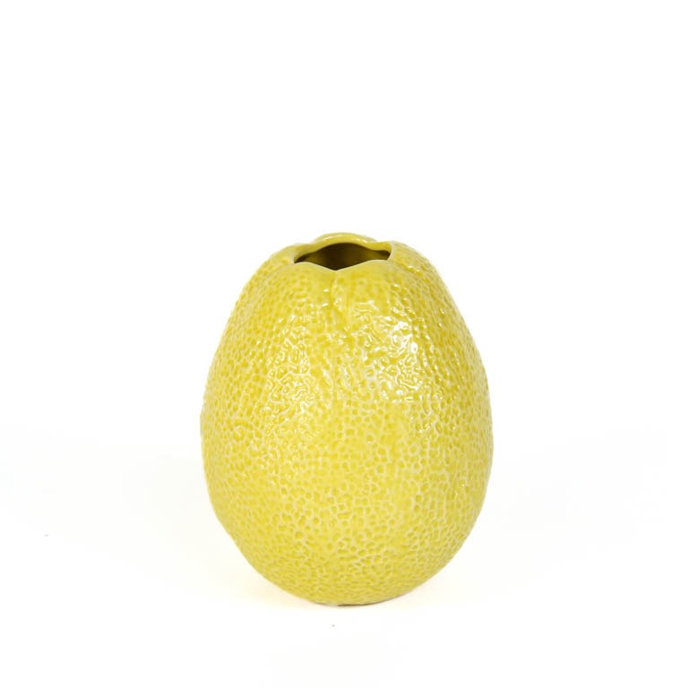 Die Des Pots | Zitrone große Keramikvase (H 15 cm, Ø 12 cm) von Des Pots ist eine gelbe, handgefertigte Vase mit melonenartiger Struktur, kleiner Öffnung und wasserdicht - perfekt für Blumenarrangements.