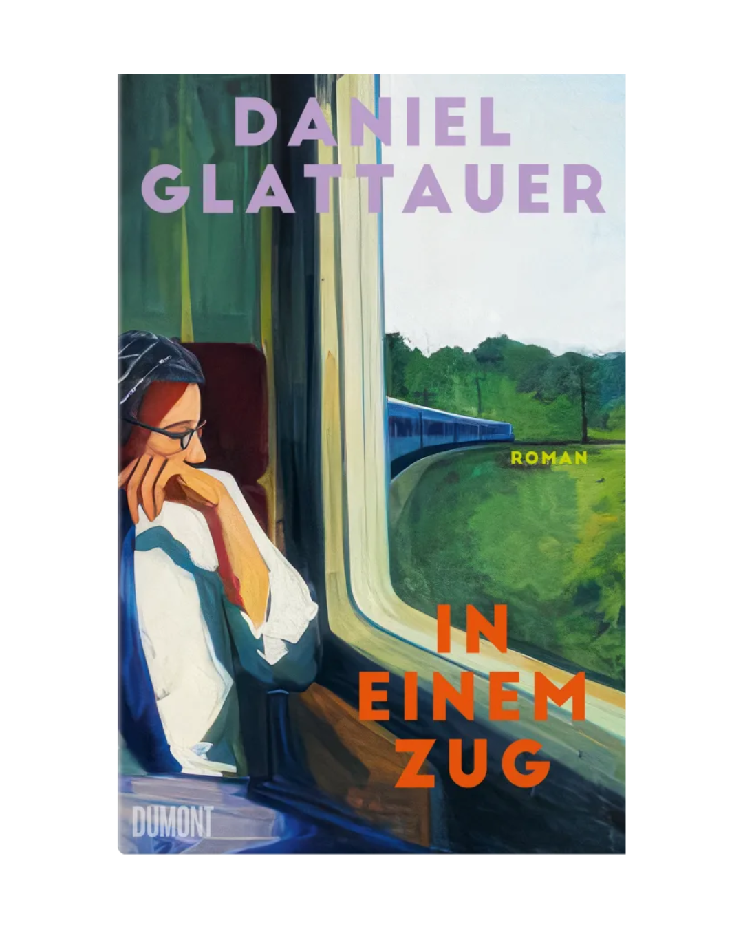 Das Buchcover zeigt eine Person mit Brille, die aus einem Zugfenster auf grüne Felder blickt. "In einem Zug | Roman von Daniel Glattauer über die Liebe und das Schreiben" steht in Fettdruck. Es ist im Dumont Verlag erschienen und spiegelt zeitgenössische Literatur wider.