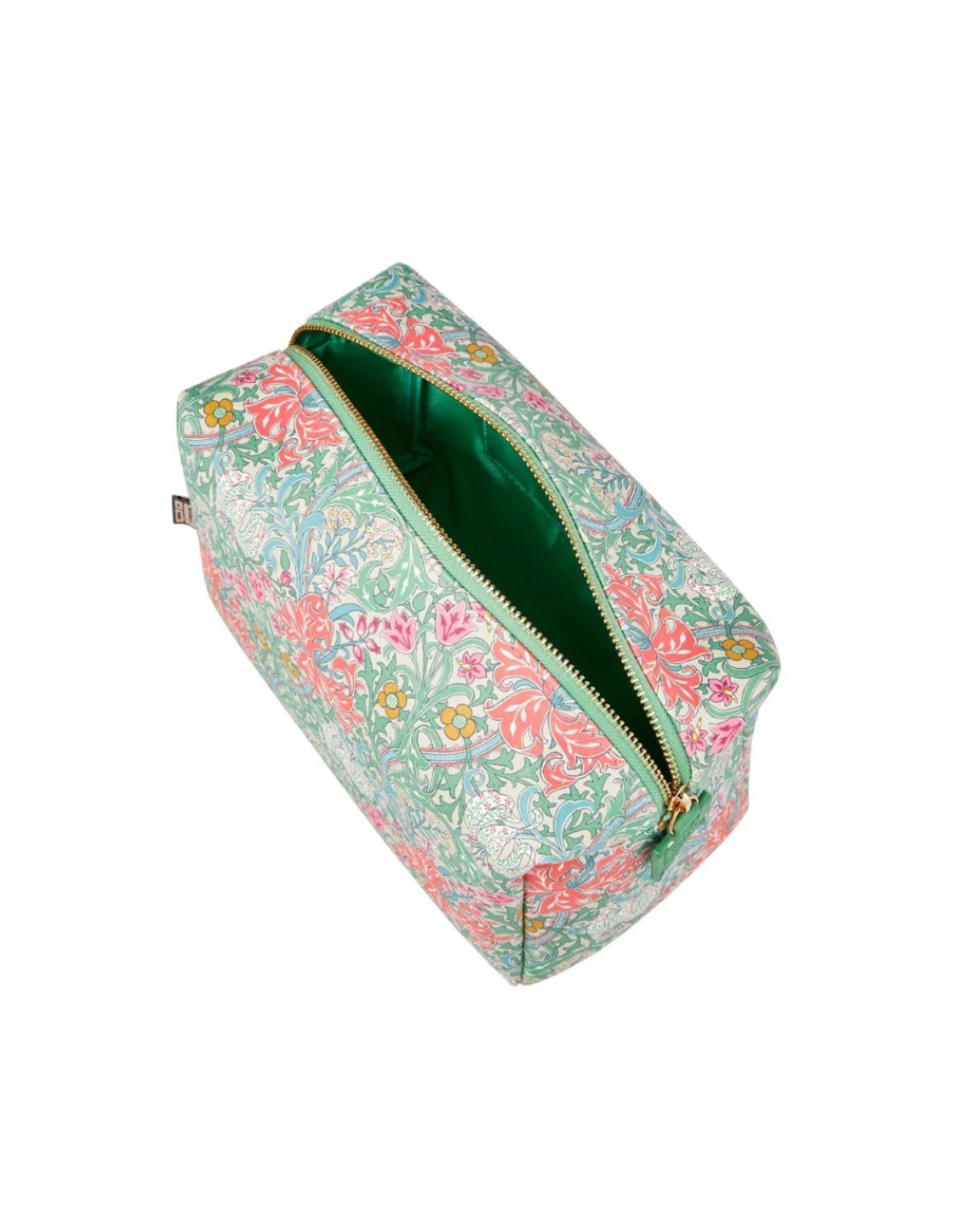 Die William Morris at Home 'Golden Lily' große florale Kosmetiktasche hat ein grünes, pinkes und gelbes Blumendesign, einen goldenen Reißverschluss und ein grünes Polyesterfutter - ideal für den Transport Ihrer Alltagsutensilien.