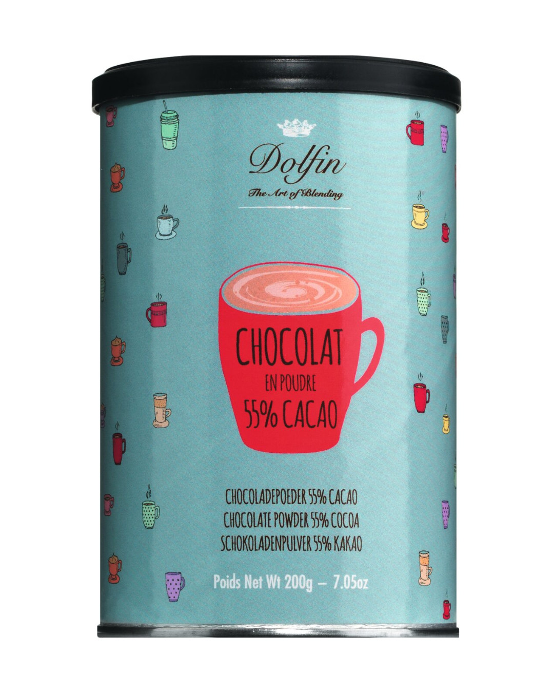 Eine 200g-Dose Dolfin | Belgischer Kakaogenuss 55% Kakao zeigt eine rote Tasse auf blauem Hintergrund mit farbenfroher Tassengestaltung; gekennzeichnet als belgisches Schokoladenpulver von Dolfin. Nettogewicht: 200g (7.05oz).