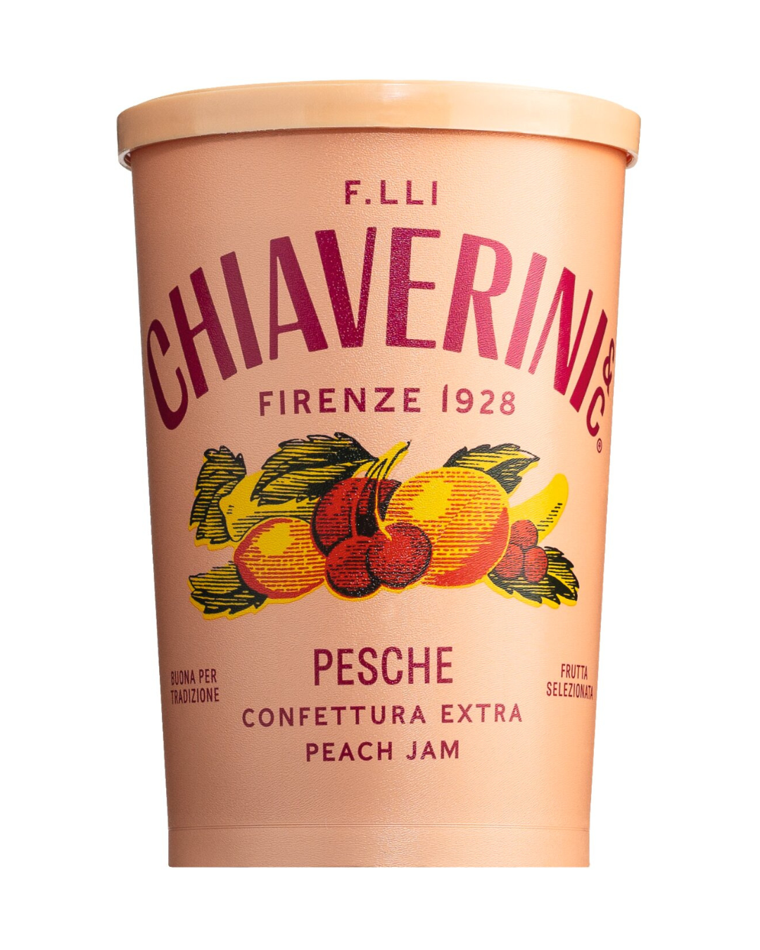 Die Chiaverini 'Confettura extra di pesche' Pfirsichkonfitüre extra 400 g hat ein bezauberndes pfirsichfarbenes Design mit Abbildungen von Pfirsichen und Kirschen, die das italienische Erbe der Marke widerspiegeln.