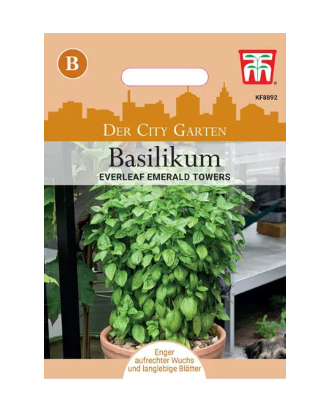 Ein Päckchen Thompson & Morgan Basilikum 'Everleaf Emerald Towers' Samen von Thompson und Morgan verspricht eine lang anhaltende Basilikumernte und klassischen Genovese-Geschmack. Die orangefarbene Verpackung zeigt üppiges Basilikum und das Markenlogo.