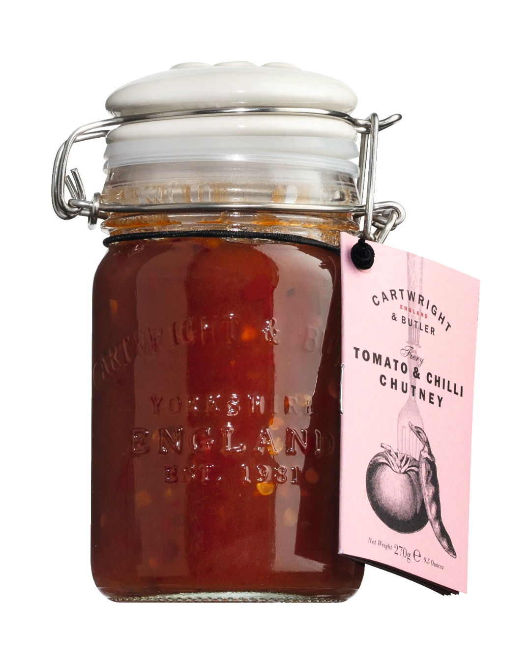 Ein 270-g-Glas mit Cartwright & Butler Chutney aus Tomaten und Chili - ein klassisches englisches Chutney in einem eleganten Glas, das perfekt geeignet ist, um Ihre Gerichte mit einem kräftigen Tomaten- und Chiligeschmack zu verfeinern.