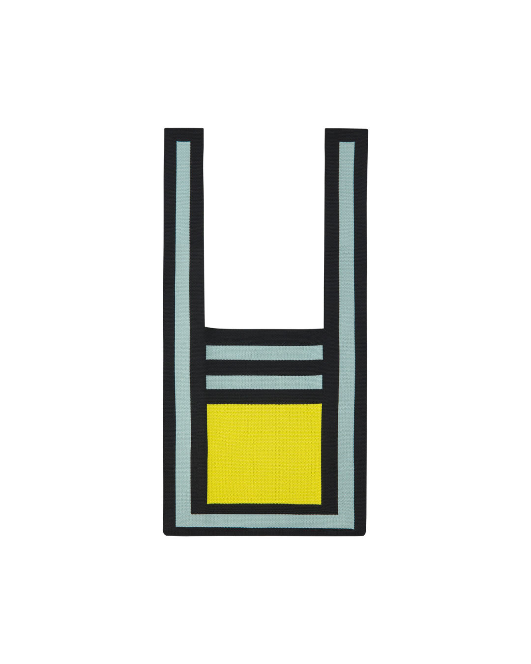 Eine rechteckige Remember Stricktasche 'Luce' von Remember mit schwarzem Umriss, hellblauen Innenrändern und einem großen gelben Quadrat in der Mitte auf weißem Hintergrund.