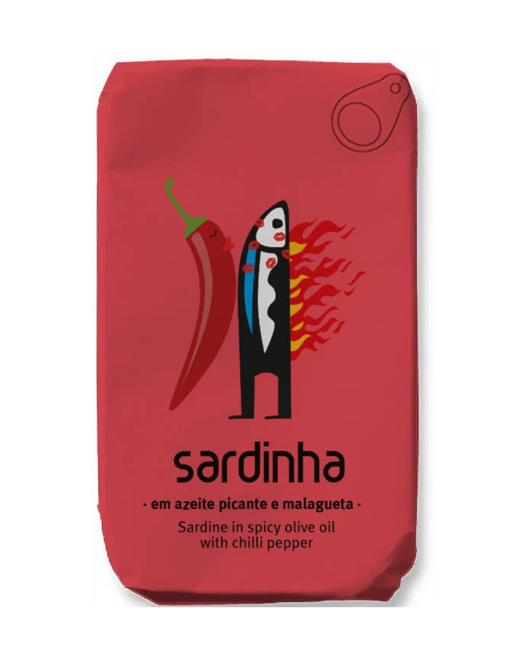 Auf der Vorderseite einer leuchtend roten Dose mit Sardinen der Marke „Sardinha“ sind eine verspielte Sardinen-Zeichentrickfigur, eine rote Chilischote und Flammen abgebildet. Diese feurige Sardinenkonserve mit der Aufschrift „Sardinha | Sardinen in scharfem Olivenöl und Malagueta-Chili“ ist in scharfem Olivenöl mit Malagueta-Chili eingelegt und reich an Omega-3-Fettsäuren.