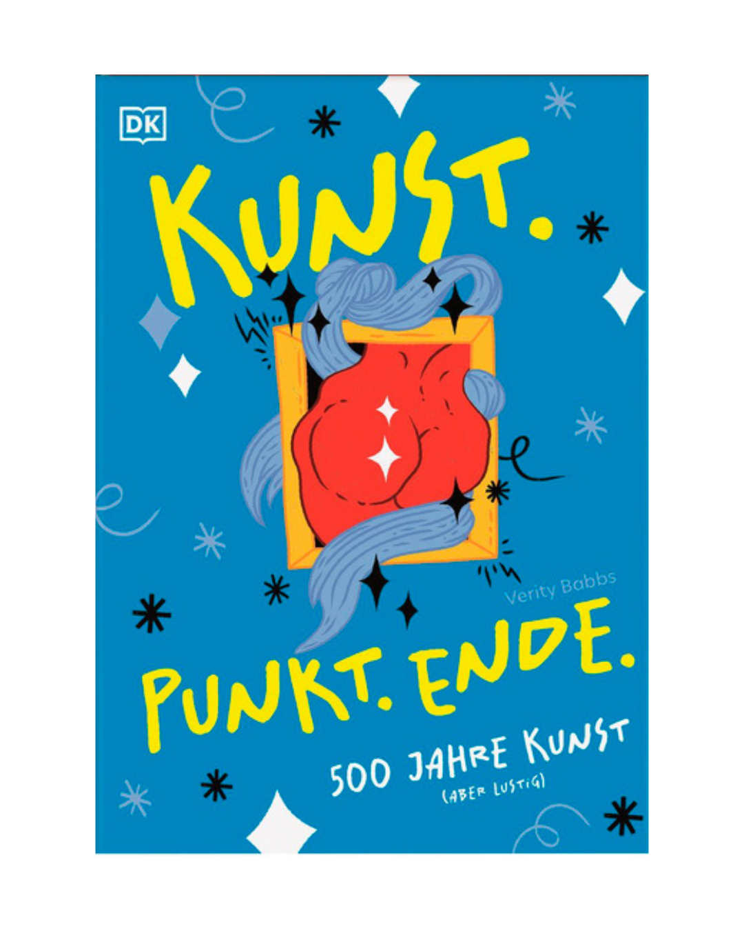 Auf dem blauen Buchumschlag steht in kräftiger gelber Schrift „Kunst. Punkt. Ende“, während eine rote, abstrakte Form, eingerahmt von grauen Schnörkeln, der Mitte verspielte Energie verleiht – und so Humor in die Kunstgeschichte bringt. Weiße Rauten und der Untertitel „500 Jahre Kunst (aber lustig)“ am unteren Rand verdeutlichen die freche Sichtweise des DK Verlags und von Verity Babbs darauf, was ein modernes Kunstbuch sein kann.
