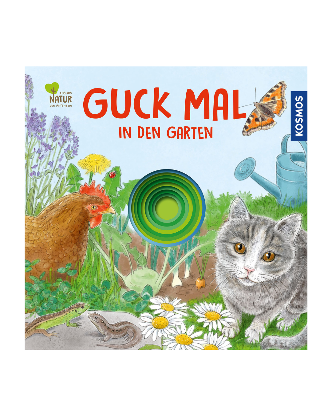 Das Buch "Guck mal in den Garten | Ein interaktives Abenteuer für kleine Entdecker ab 2 Jahren" vom Kosmos Verlag zeigt auf dem Cover Huhn, Katze, Eidechse, Blumen, Schmetterling und Gießkanne mit einer runden Entdeckeraussparung.