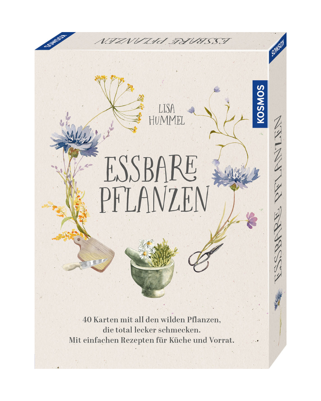 Kosmos Verlag | Liebevoll illustriertes Kartenset 'Essbare Pflanzen' mit 40 Karten: botanische Illustrationen essbarer Wildkräuter, Mörser, Schere und Rezeptideen auf Deutsch.