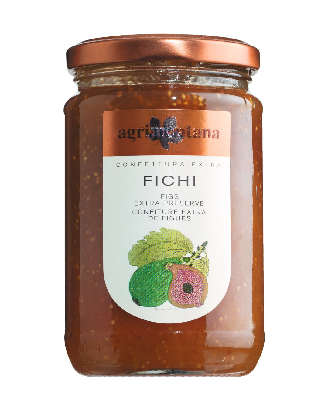Ein 350 g Glasgefäß von Agrimontana | 'Confettura Fichi' Feigenkonfitüre mit einem kupferfarbenen Deckel. Das Etikett zeigt Feigen und Text in Italienisch, Englisch und Französisch.