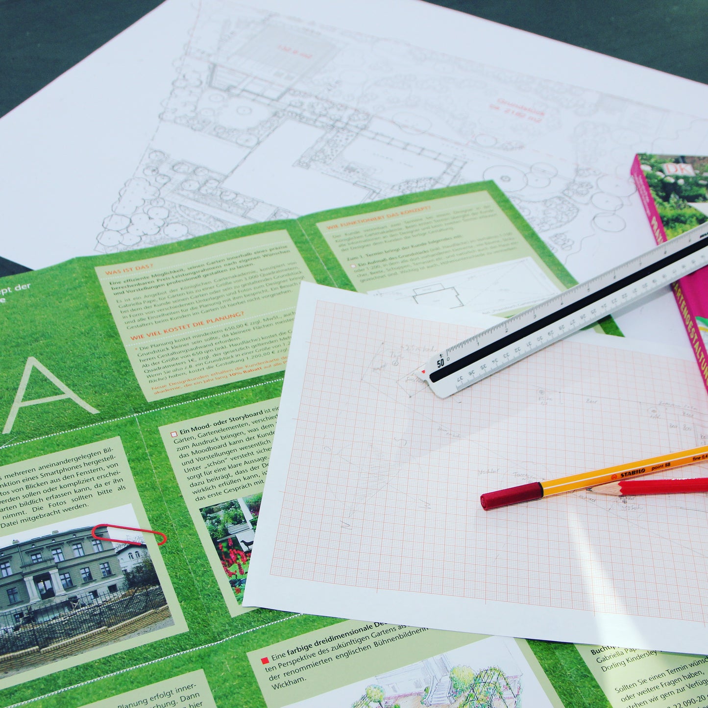 Ein Arbeitsplatz mit dem „5 Euro pro Quadratmeter Konzept – Gartendesign“ der Königlichen Gartenakademie, einer grünen Broschüre, Millimeterpapier, einem roten Stift, einem Bleistift und einem dreieckigen Maßstab, angeordnet auf einem Schreibtisch.