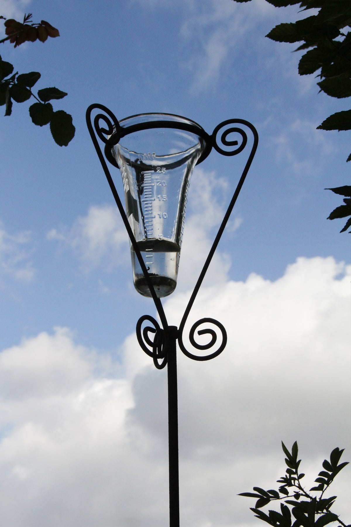 Der Hirsch-Regenmesser mit Glas, der speziell für Gartenliebhaber entwickelt wurde und über präzise Messmarkierungen verfügt, wird elegant von einem filigranen Universalstab (Höhe 125 cm) gehalten. Teilweise mit Wasser gefüllt und vor einem bewölkten Himmel zwischen den Ästen platziert, verbindet dieser stilvolle Regenmesser Funktionalität mit dekorativem Charme – und ist damit eine raffinierte Bereicherung für jeden Außenbereich.