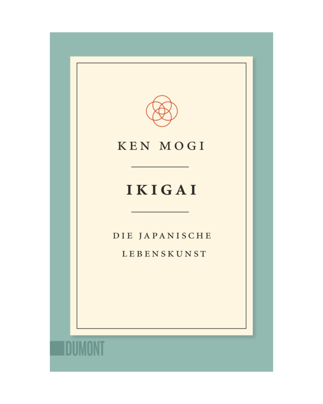 Buchumschlag von Ikigai | Die japanische Lebenskunst aus dem Dumont Verlag, mit einem minimalistischen Design in Creme und Teal und einem kleinen roten geometrischen Blumensymbol, das die japanische Philosophie für ein erfülltes Leben widerspiegelt.