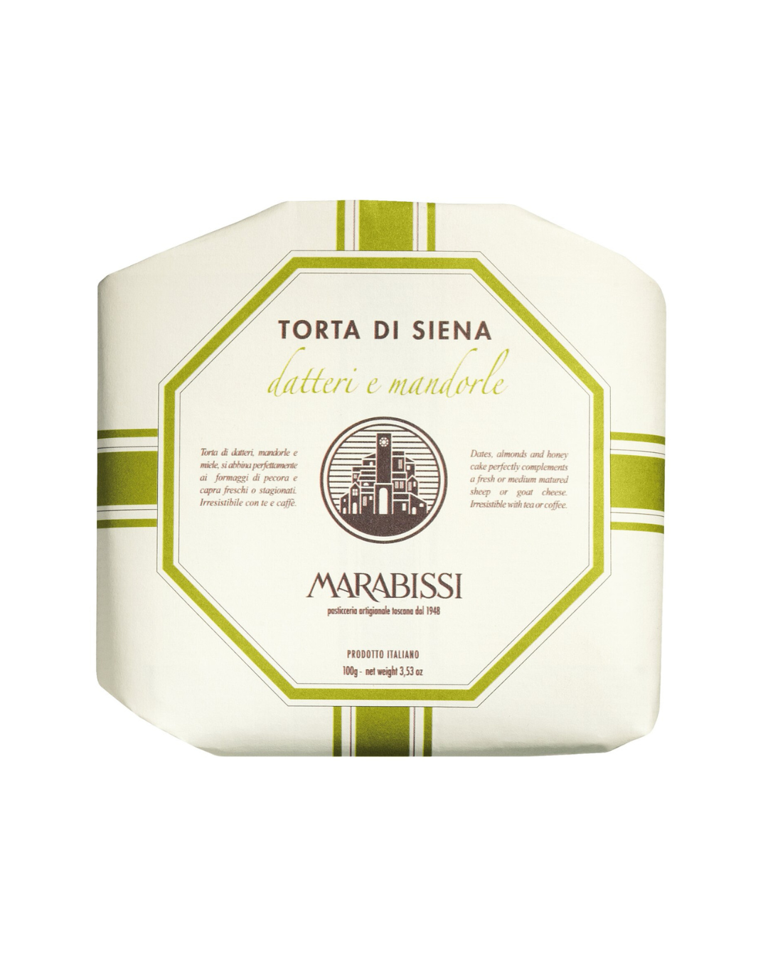 Achteckige Verpackung von „Viani Panforte mit Datteln und Mandeln“, einer toskanischen Spezialität mit grünen Streifen und einer Abbildung von Siena. Auf dem 100-g-Etikett werden Datteln, Mandeln und feine Gewürze auf Italienisch und Englisch hervorgehoben.
