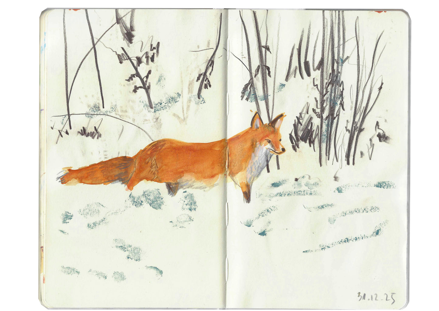 Eine Skizzenbuchzeichnung eines Rotfuchses im Schnee mit spärlichen Pflanzen und Ästen, entstanden im Aquarell-Workshop "Tiere Skizzieren NEU" der Königlichen Gartenakademie am Fr. 02.10.2026; Datum unten rechts vermerkt.