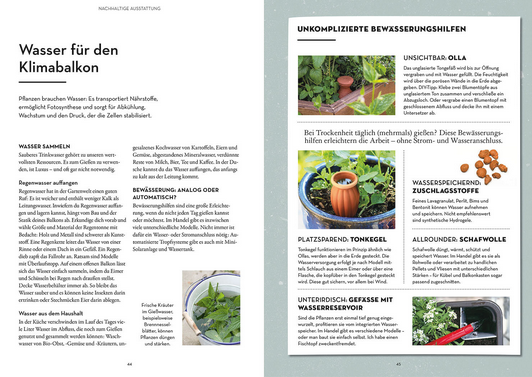 Eine Doppelseite aus "Klimahelden auf dem Balkon" aus dem Kosmos Verlag zeigt vier Fotos und Texte zu DIY-Bewässerungssystemen - Töpfe, Flaschen und eine Olla - für Balkonpflanzen in üppigen Stadtgärten.