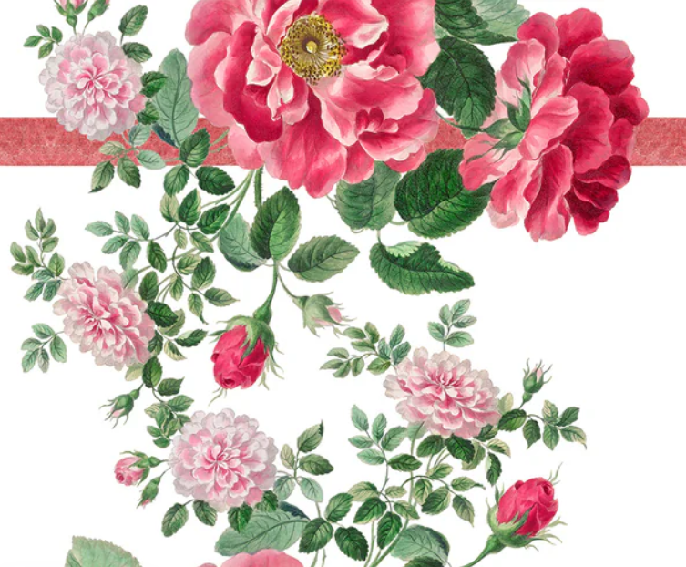 Verleihen Sie Ihrer Tischdekoration Eleganz mit dem Napking | Premium Leinen Tischläufer 'Cecile' 50 x 150 cm, mit rosa und rot blühenden Rosen, grünen Blättern und einem roten Streifen - ein perfektes Rosenmotiv oder italienischer Tischläufer von Napking.