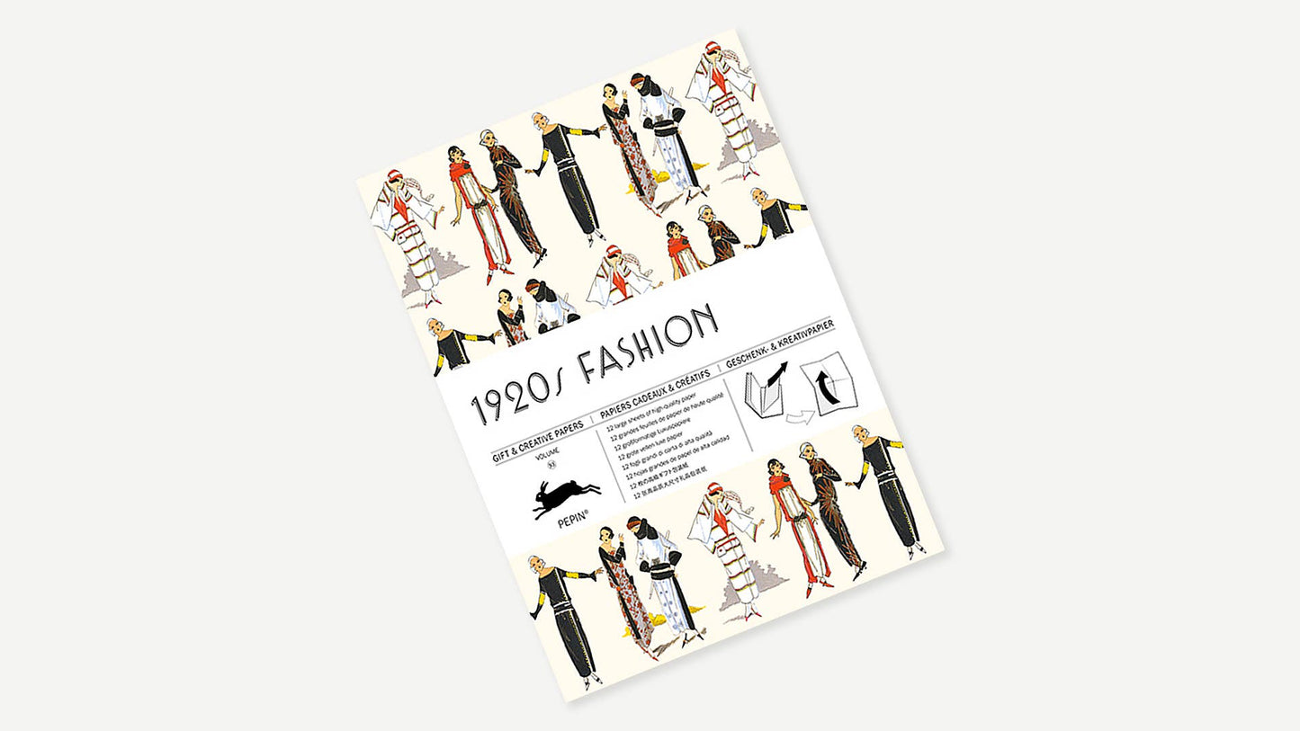 Das Pepin Press – Modernes Geschenk- und kreatives Papierbuch der 1920er Jahre, Band 93 enthält ein Cover mit illustrierten Frauen in Vintage-Outfits, Modeskizzen, Accessoires und Text über Kleider, Abendgarderobe und Hüte der 1920er Jahre.