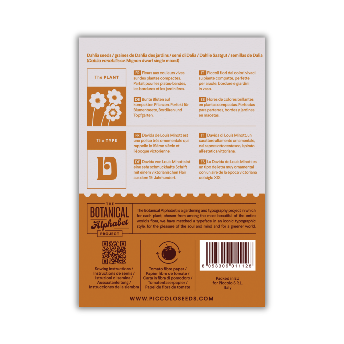 Rückseite einer Piccolo Seeds - D | Dahlie Packung von Piccolo Seeds, mit Illustrationen, Tipps für Topfgärten oder Blumenbeete in Englisch, Französisch & Deutsch, QR-Code, Barcode und Details zum Botanical Alphabet Project.