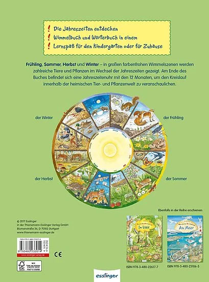 Die Rückseite von "Mein erstes Wimmelbuch | Jahreszeiten ab 12 Monaten" aus dem Esslinger Verlag zeigt einen farbenfrohen Jahreszeitenkreis mit Tieren und Pflanzen, deutschem Text und Bildern von zwei verwandten Wimmelbuchumschlägen am unteren Rand.