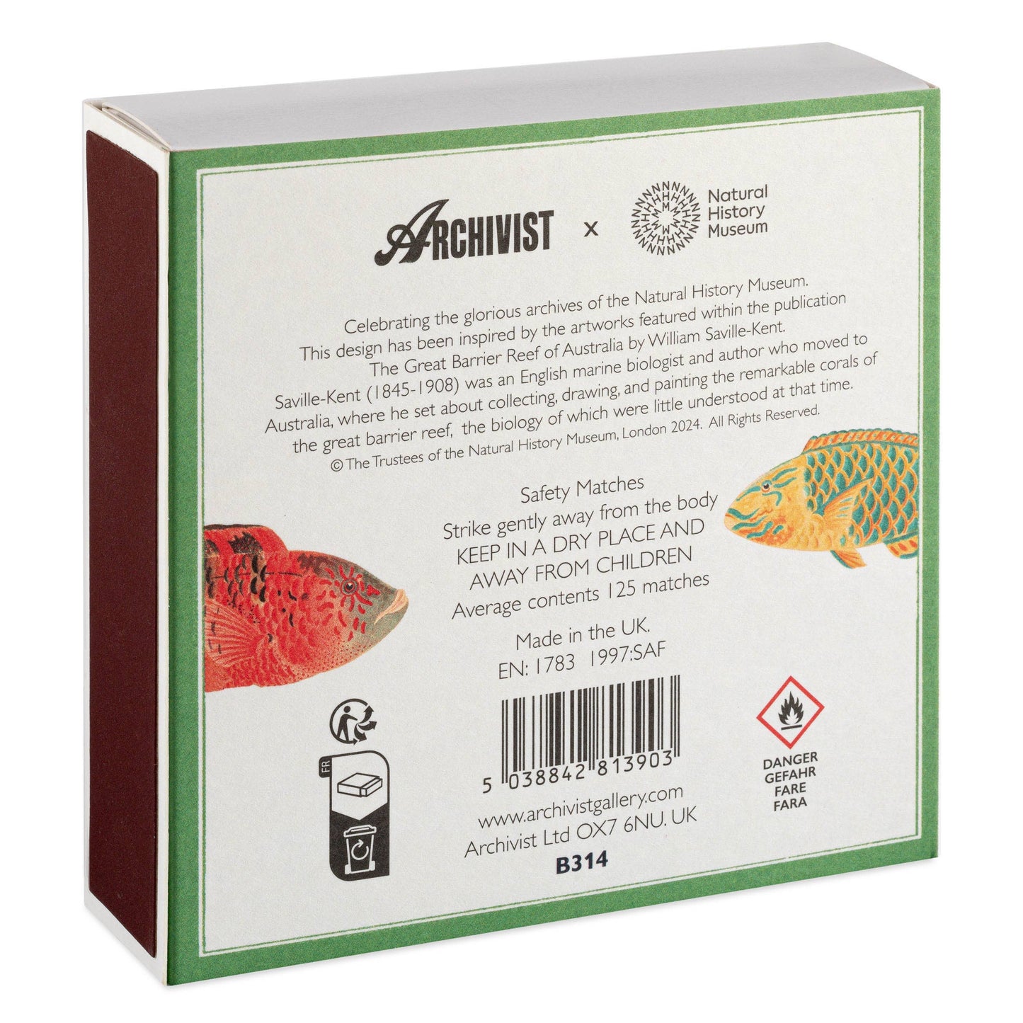 Die 'Fisch' Quadratische Sicherheitsstreichhölzer von Archivist Gallery sind mit Fischen aus dem Great Barrier Reef, dem Branding des Natural History Museum, Sicherheitsinformationen auf der Rückseite und einem grün-weißen Look versehen - ein ideales Design Geschenk.