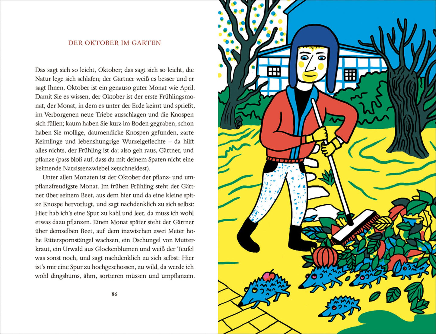 Eine lebhafte Szene mit einer Person in Blau und rotem Schal, die Herbstblätter und Kürbisse harken, vor einem Baum und einem Haus. Auf der linken Seite steht der Text aus "Das Jahr im Garten | Mit Humor und viel Charme von Karel Čapek" (Insel Verlag).