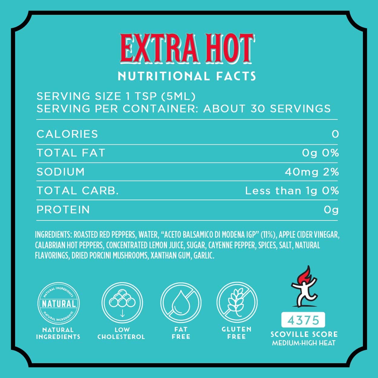 Nährwertangaben für Firelli | Extra scharfe italienische Sauce 148 ml: 1 Teelöffel = 0 kcal, 0g Fett, 40mg Natrium, <1g Kohlenhydrate, 0g Eiweiß. Natürlich, fettfrei, glutenfrei. Hergestellt mit kalabrischen Chilischoten. Scoville: 4375. Ideal für Grillfleisch!.