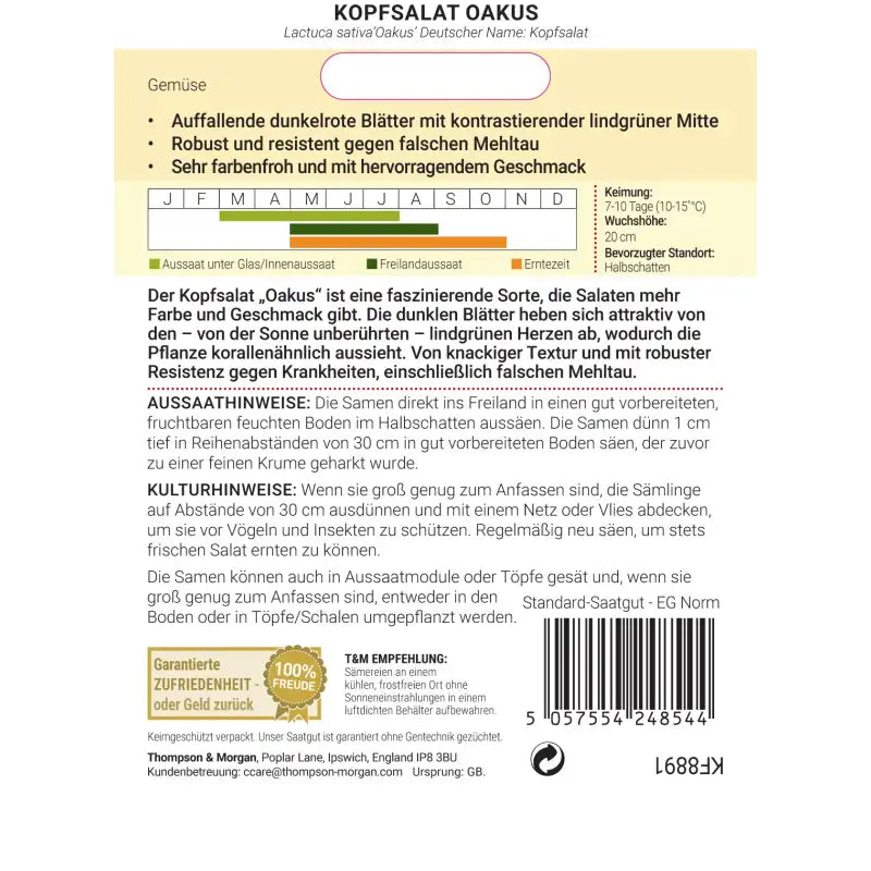 Rückseite des Thompson und Morgan Kopfsalat 'Oakus' Saatgutpäckchens mit ausführlichen Pflanz- & Pflegehinweisen auf Deutsch, Pflanzkalender und Barcode unten rechts-ideal für frischen Beilagensalat.