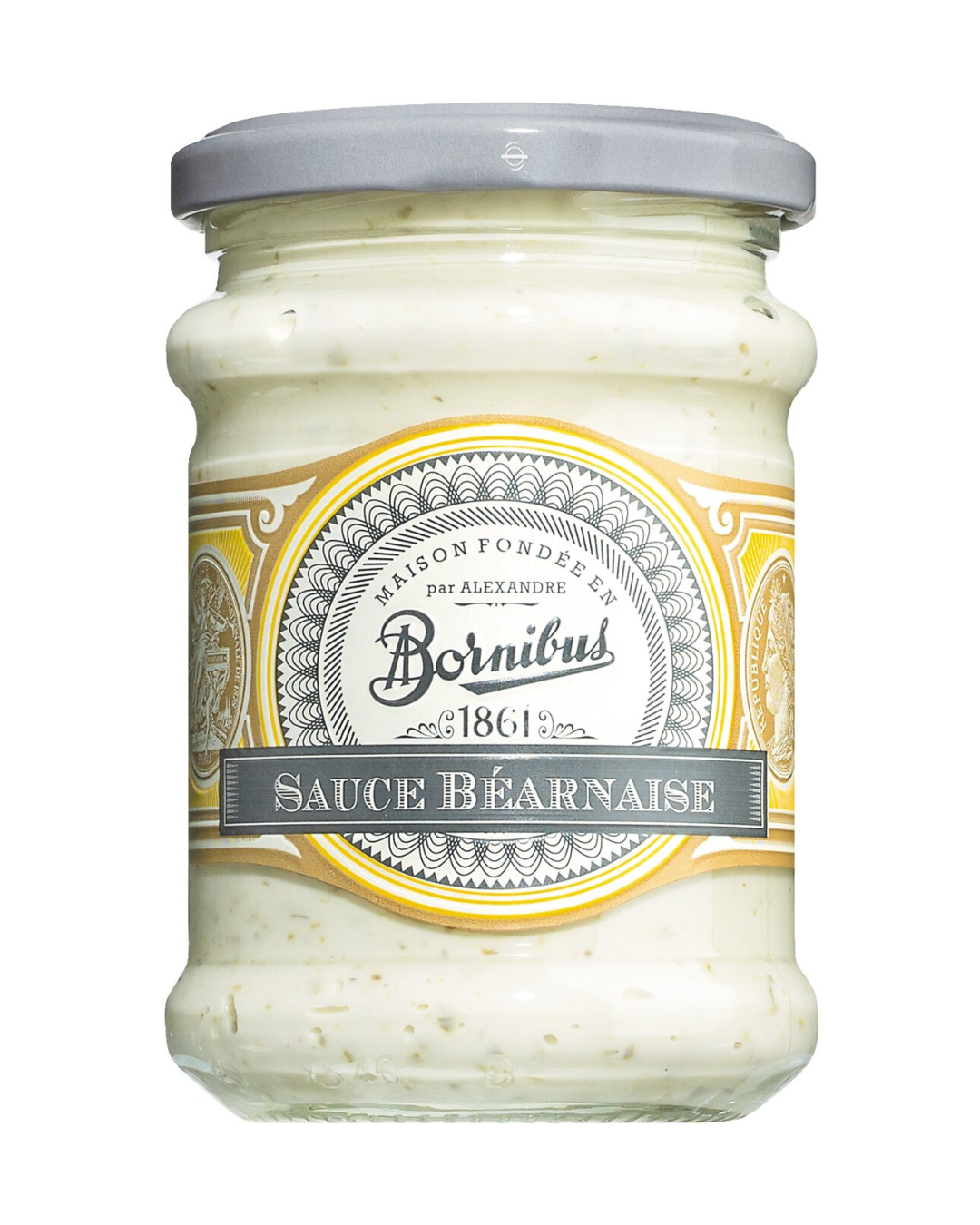 Ein 220-g-Glas von Bornibus | Sauce béarnaise mit Estragon mit silbernem Deckel ist mit einem cremefarbenen und gelben verzierten Etikett, dem Bornibus-Logo und "1861" versehen. Diese klassische französische Sauce hat eine helle Farbe und grüne Estragonkräuter.