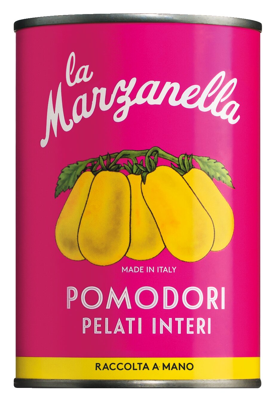 Eine Dose mit einem leuchtend rosa Etikett zeigt "Gelbe Tomaten | 'Vintage' La Marzanella Ganze, geschälte Tomaten aus Kampanien" und grüne Blätter. Made in Italy, handverlesen - perfekt für die mediterrane Küche. Marke: La Marzanella.