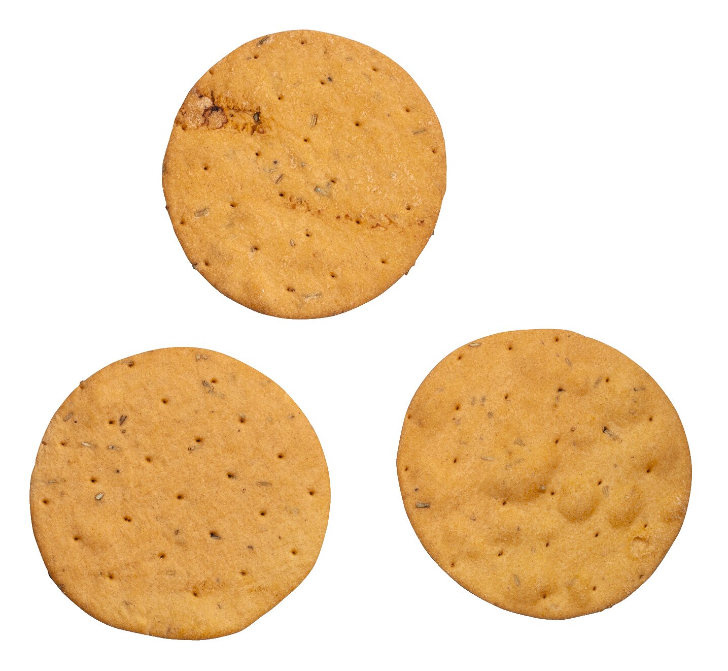 Drei runde Lady Joseph Maxi Cracker mit Tomate, Rosmarin & Olivenöl sind auf einem weißen Hintergrund angeordnet. Ein Cracker hat einen kleinen Riss und einen dunklen Fleck, was den rustikalen Charme des mediterranen Snacks unterstreicht. Marke: Lady Joseph, 150 g.
