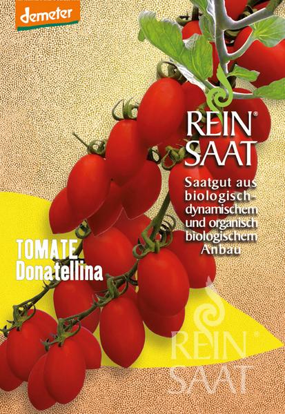 Eine Saatgutpackung von Reinsaat | Tomate 'Donatellina' zeigt leuchtend rote Tomaten am Rebstock, hebt die Tomatenmosaikvirus-Resistenz hervor und zeigt deutschen Text sowie die Logos von Reinsaat und Demeter auf einem strukturierten gelb-grünen Hintergrund.