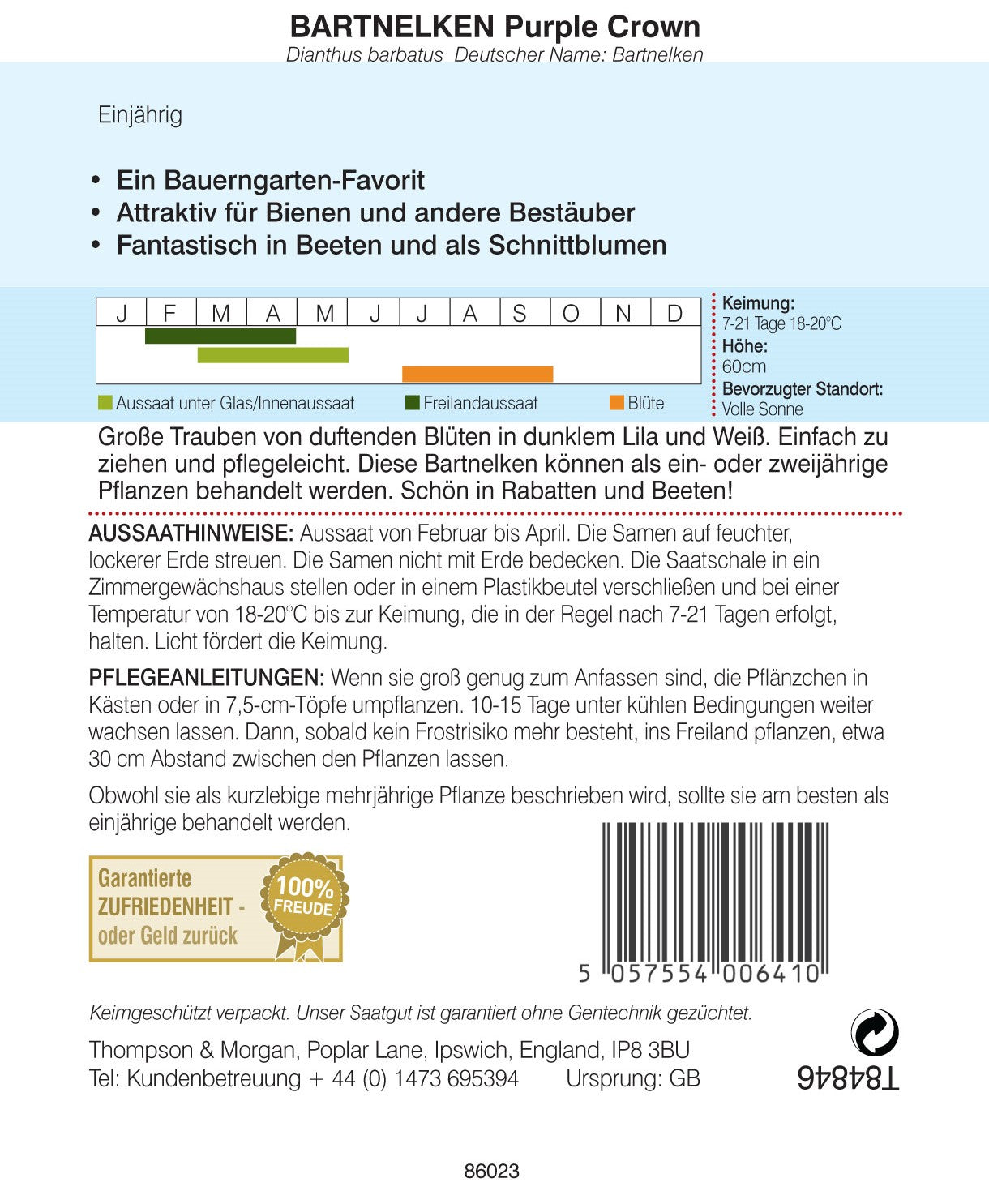 Die Thompson und Morgan Bartnelken Purple Crown Saatgutpackung bietet deutsche Pflegehinweise, aussagekräftige Icons sowie eine Tabelle für Aussaat- und Blühmonate. Enthalten sind Infos zu dunklem Lila, duftenden Blüten und Kulturanleitung.