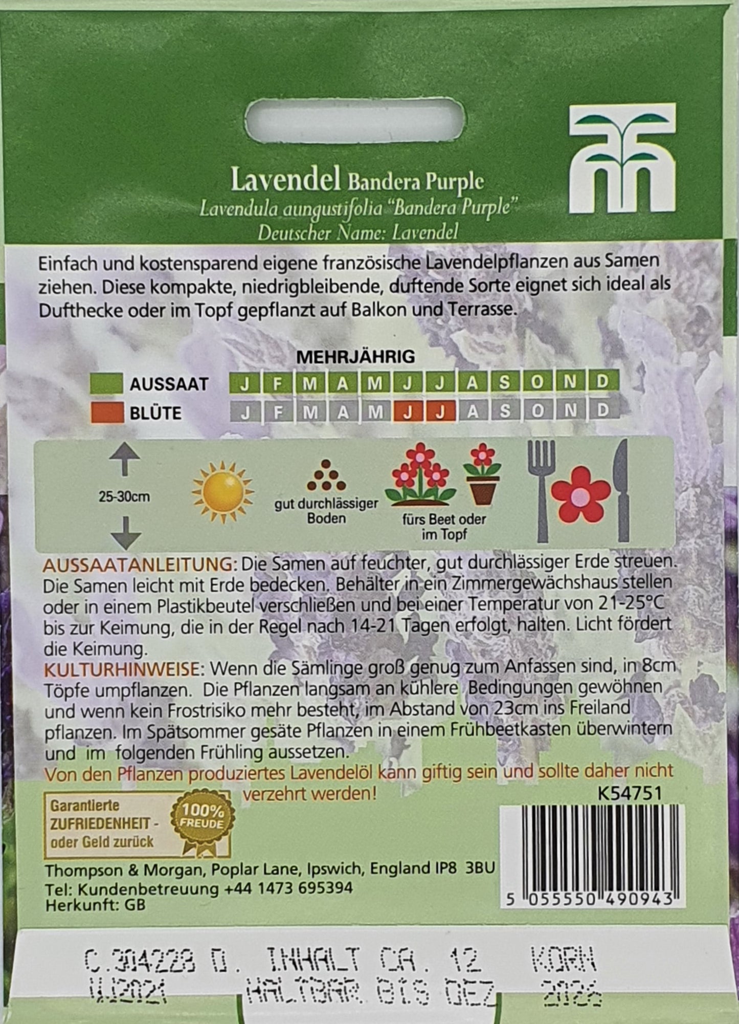 Vorderseite einer Thompson und Morgan Lavendel Bandera Purple Saatgutpackung mit Aussaat-/Blütezeiten, Pflegetipps, Sonnenlicht- und Topfeignungssymbolen und deutschem Text - perfekt für die Gestaltung einer Dufthecke.