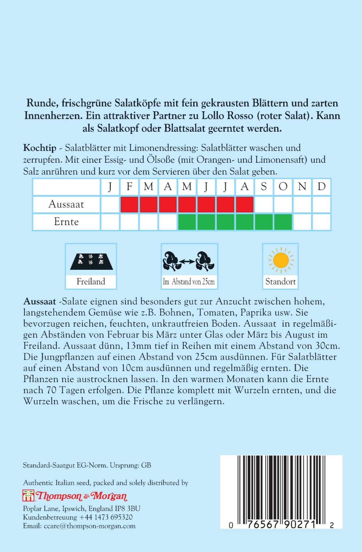 Rückseite eines Salat-Saatgutpäckchens für Salat Lattuga Lollo Bionda mit Aussaat- und Erntehinweisen auf Deutsch, Kalender für Aussaat/Ernte, Pflanzabstand-Diagramm, Kontaktdaten von Thompson und Morgan sowie Barcode unten rechts.